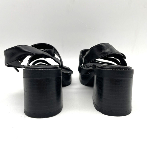 Vintage 90s Y2K Lower East Side Black Faux Leather Strappy Block Heel Sandal 5.5 - Picture 7 of 16